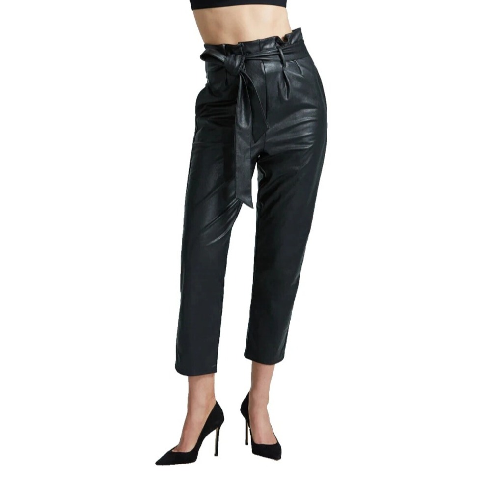 Commando Black Vegan Leather Pant Paper Bag Waist & Sash Belt Pullon SZ S